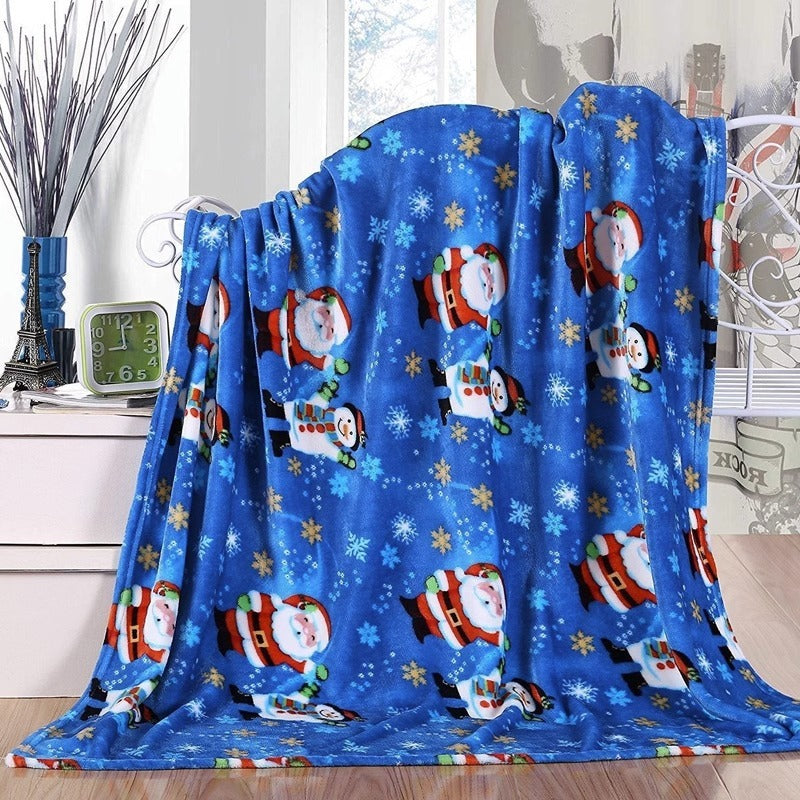 ⛄Christmas Elk Snowman Santa Claus Print Blanket Winter Double-sided Flannel Blanket For Sofa Sleeping Shawl